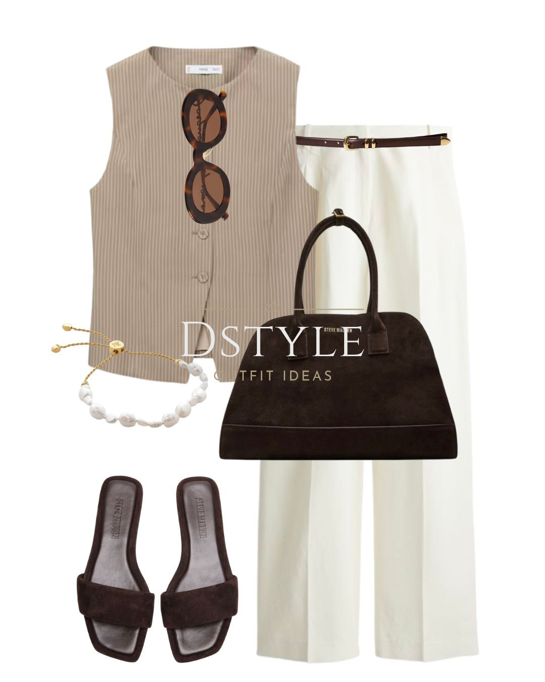 Medium brown striped lyocell suit vest/ waistcoat, white wide-leg linen-blend pants/ trousers, dark brown belt, brown suede slide sandals, brown suede bag. 

 

#LTKStyleTip #LTKWorkwear #LTKShoeCrush
