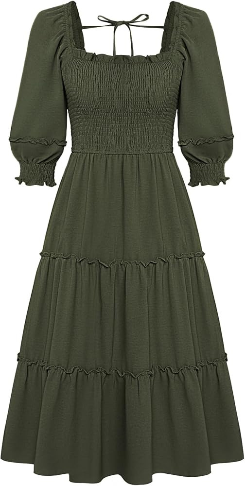 JASAMBAC Women's Fall Dresses 2024 Casual Square Neck 3/4 Sleeve Smocked High Waist Ruffle Tiered... | Amazon (US)