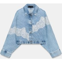 Zara - Z1975 Cropped Lace Denim Jacket - Mid-Blue - M-L - Woman | Zara US