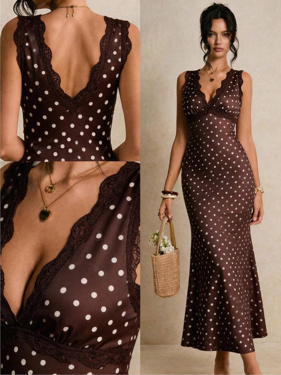 Poéselle Women's Contrast Lace Brown And White Polka Dot Sleeveless Elegant Summer Holiday Vacat... | SHEIN