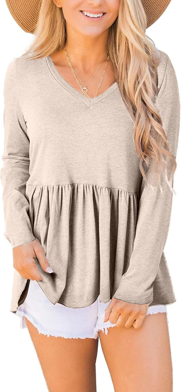 SOFIA'S CHOICE Women's Long Sleeve Pleated Babydoll Tops V Neck Plaid Peplum Blouse | Amazon (US)