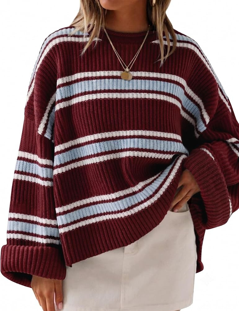 ZESICA Womens Fall Winter Oversized Striped Knit Sweaters Fashion Clothes | Amazon (US)