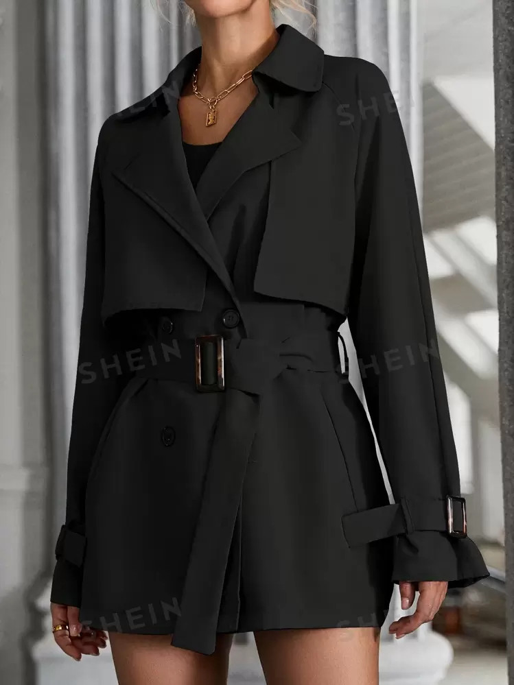 SHEIN LUNE Raglan Sleeve Double Breasted Belted Trench Coat | SHEIN | SHEIN