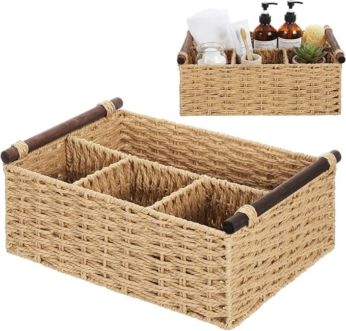 Remerry Bathroom Countertop Organizer Caddy, Wicker-Like Divided Basket with Handle and Metal Fra... | Amazon (US)