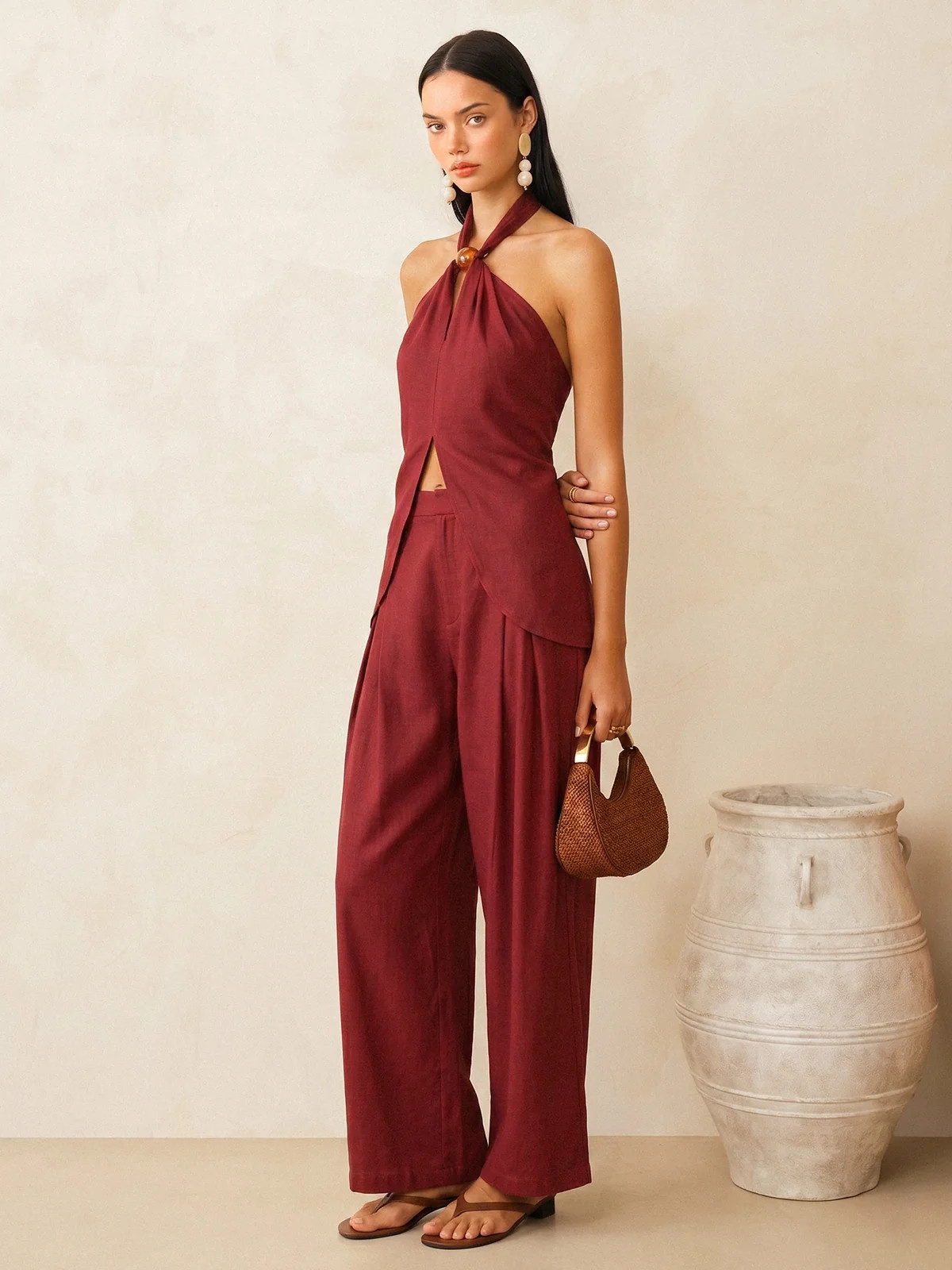 Linen-Blend Halter Top & Pants Set | Commense