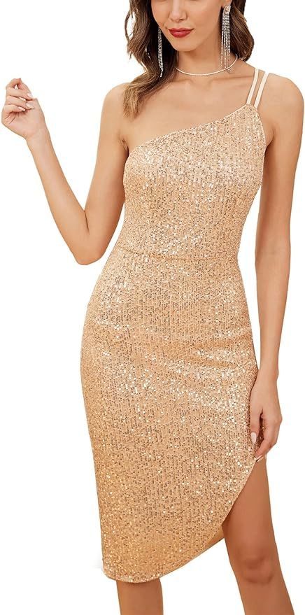 Kate Kasin Women's Sexy Sequin Sparkly Glitter Party Club Dress One Shoulder Spaghetti Straps Cur... | Amazon (US)