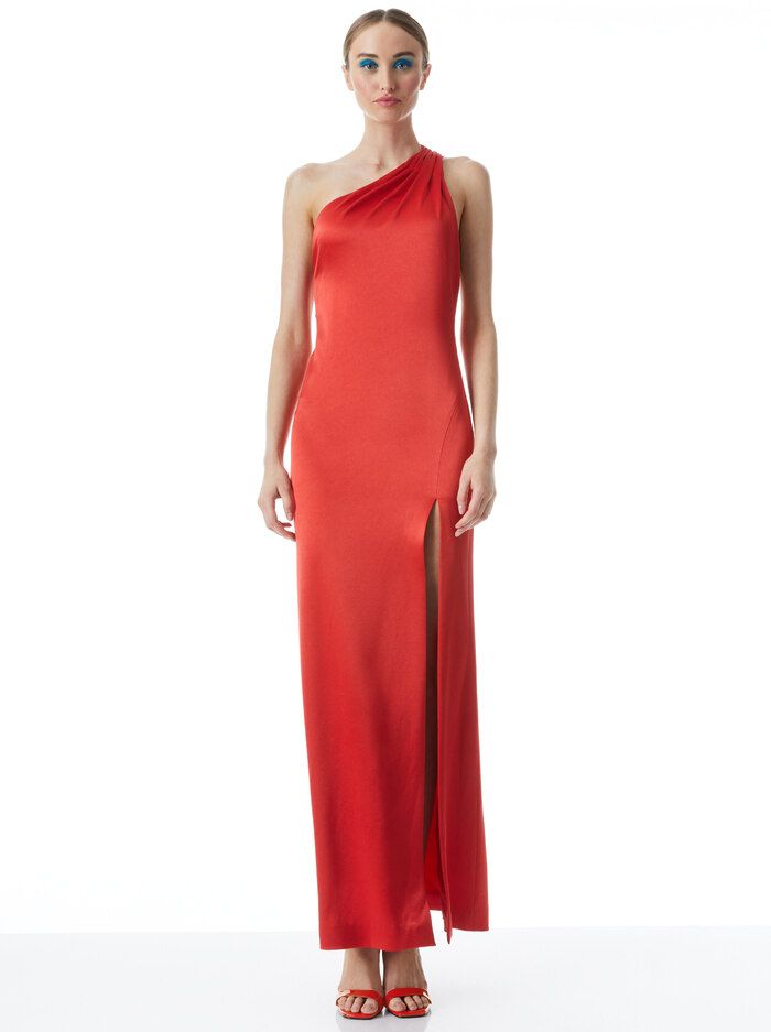 PAULETTE ONE SHOULDER FITTED GOWN | Alice + Olivia