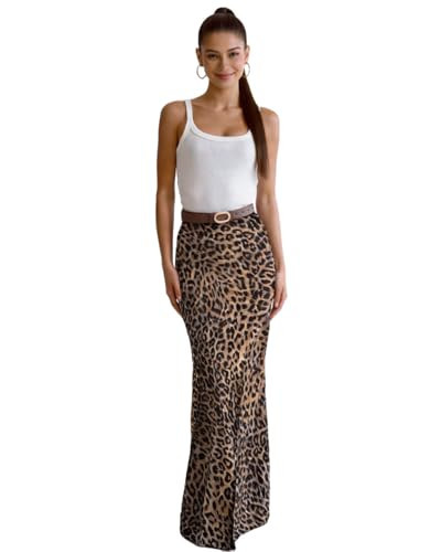 Women's Satin Silky Leopard Print Maxi Skirt High Waisted Flowy Long Skirt Zipper Bodycon Mermaid Skirt | Amazon (US)