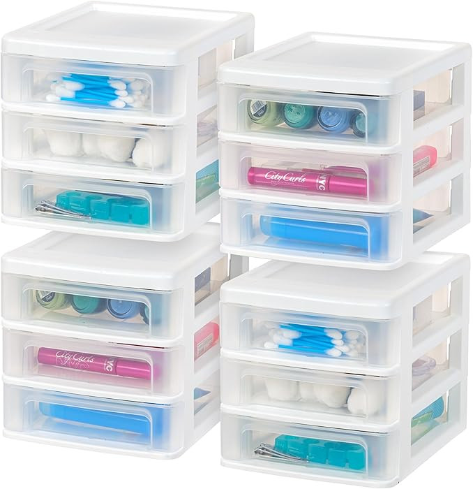IRIS USA Plastic Stacking Desk Top 3-Drawer Storage Organizer, 4-Pack, for Makep Vanity Nail Poli... | Amazon (US)