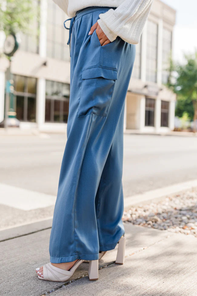 Cool Touch Blue Satin Cargo Pull On Pants FINAL SALE | Pink Lily