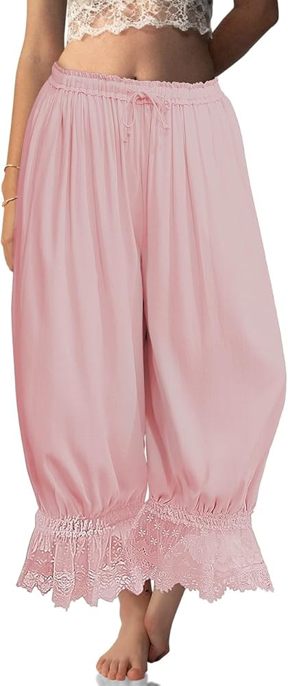 TARSE Women Linen Lace Trim Long Bloomers Pants Ruffle Victorian Vintage Pantaloons Summer Beach ... | Amazon (US)