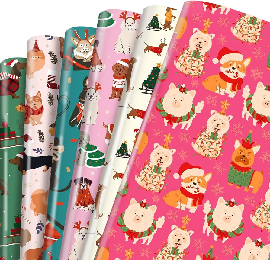 TAKEALOOKO Dog Christmas Wrapping Paper - 12 Sheets Red Green Pink Tone Gift Wrap with Adorable P... | Amazon (US)