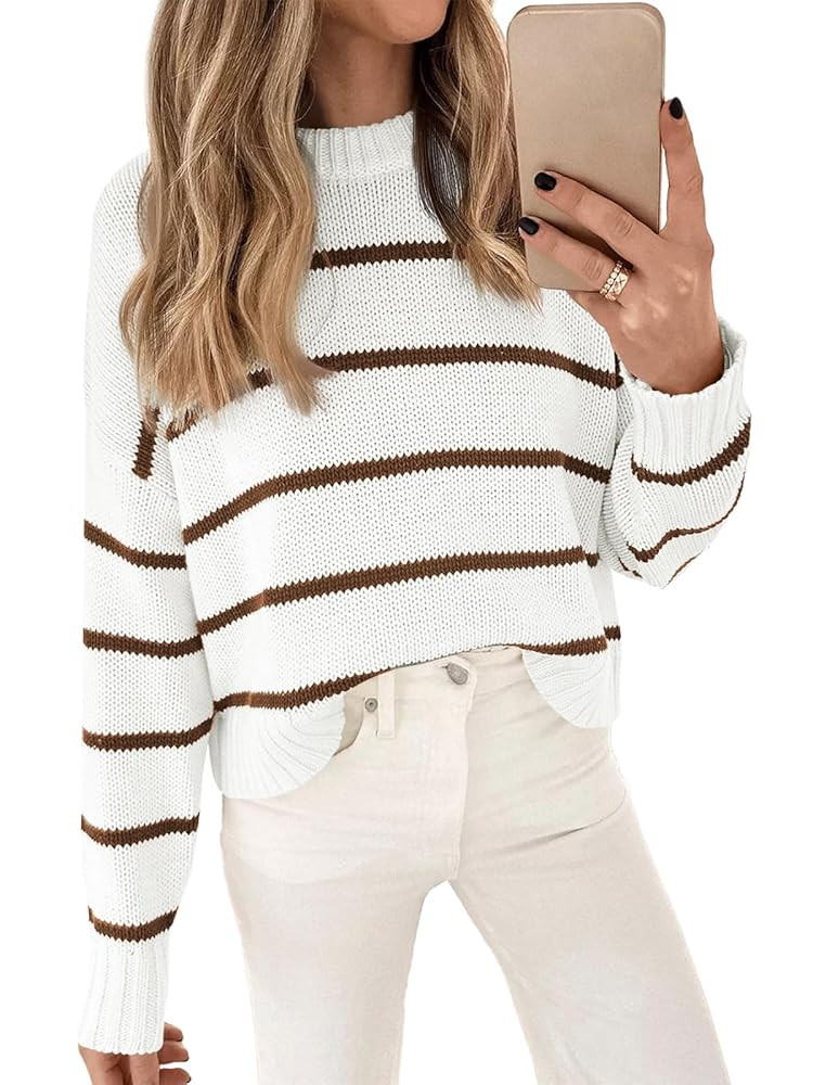 LILLUSORY Womens Cropped Striped Sweater Casual Pullover Ribbed Knit Cute Crewneck Sweaters | Amazon (US)