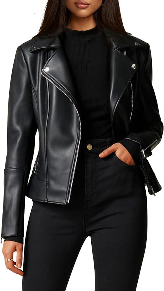Women Leather Jacket, Buttery Soft Faux Leather Motorcycle Moto Biker Short Jacket, Stretchy Slee... | Amazon (US)