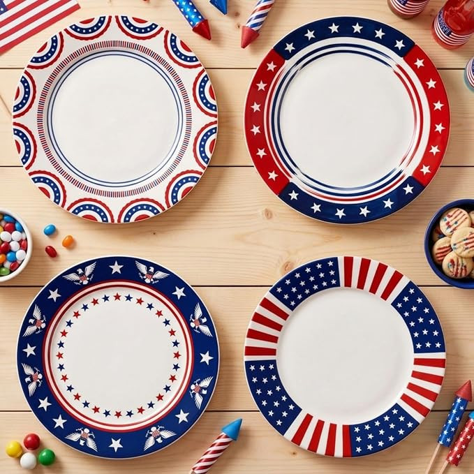 Rtteri 4 Pcs Patriotic Ceramic Plates 9 Inch 4th of July Red White Blue Patriotic Dishes American... | Amazon (US)