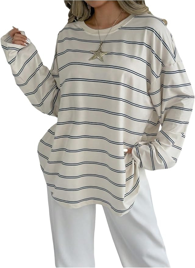 SOLY HUX Women's Striped Oversized T Shirts Crew Neck Long Sleeve Vintage Tees Dressy Casual Tops | Amazon (US)