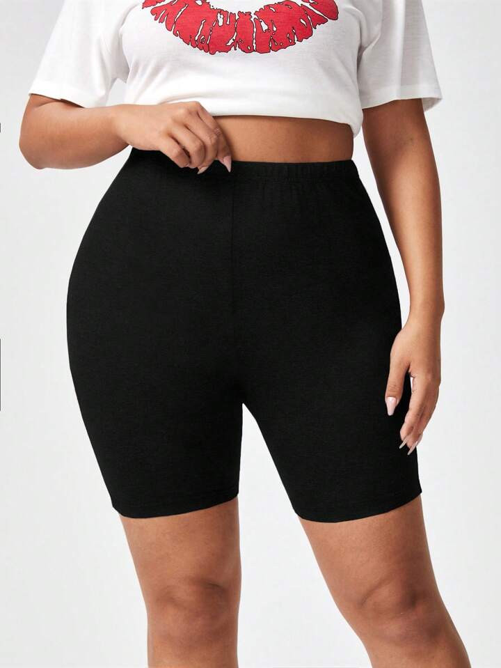 SHEIN Yoga Basic Plus Solid High Waist Sports Shorts, Biker Shorts | SHEIN