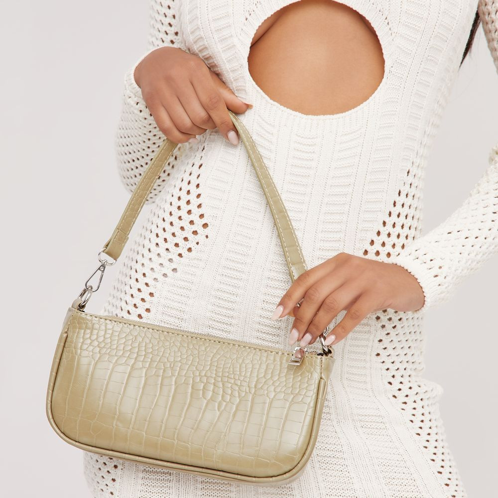 Nella Rectangle Shaped Shoulder Bag In Olive Green Croc Print Faux Leather | EGO Shoes (US & Canada)