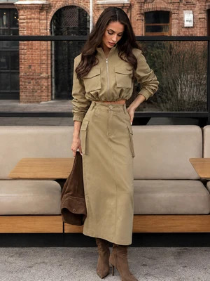 Cropped Jacket Midi Skirt Cargo Co‑ord Set | Commense