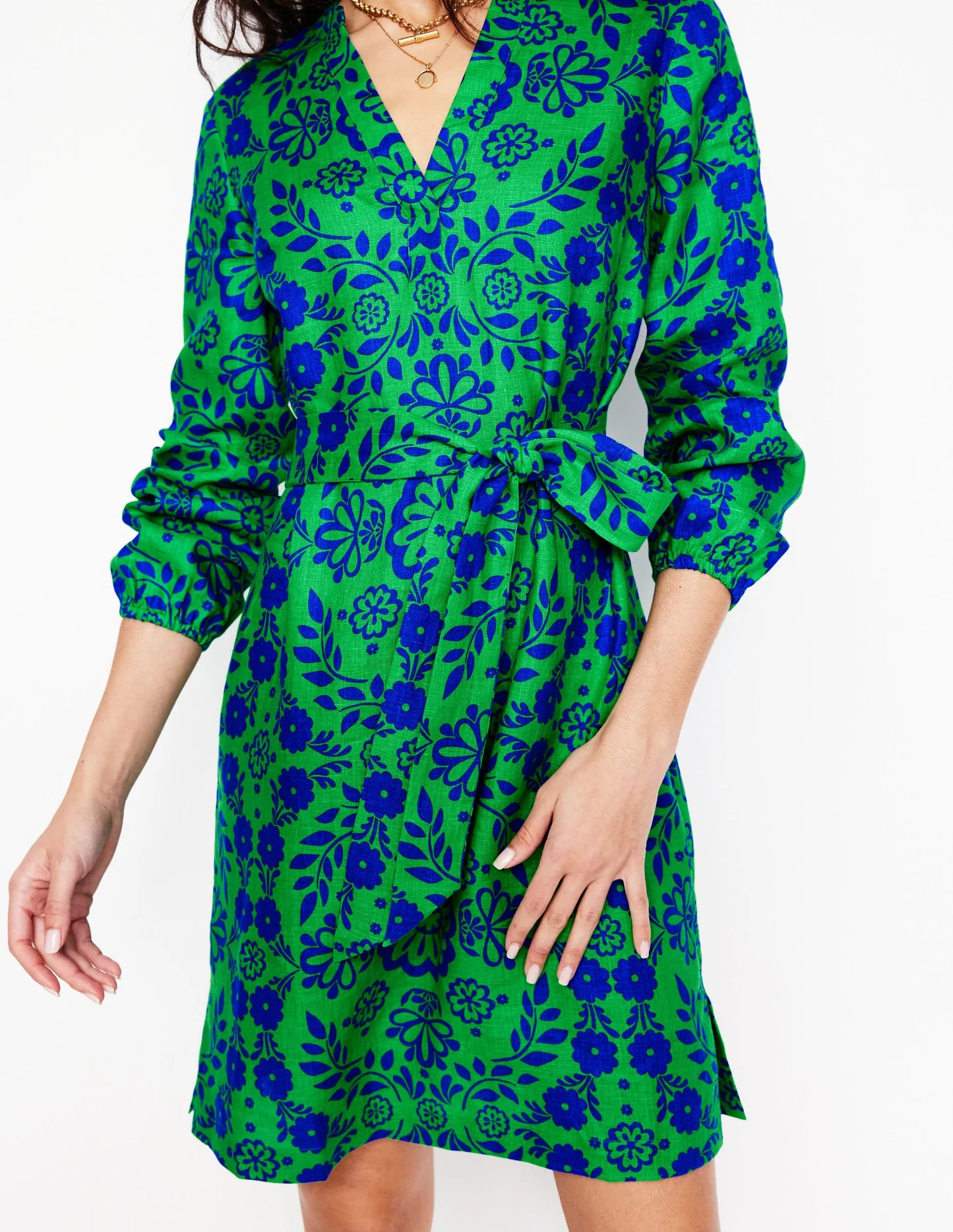 Cleo Tie Waist Linen Dress-Aleo, Structured Meadow | Boden (US)