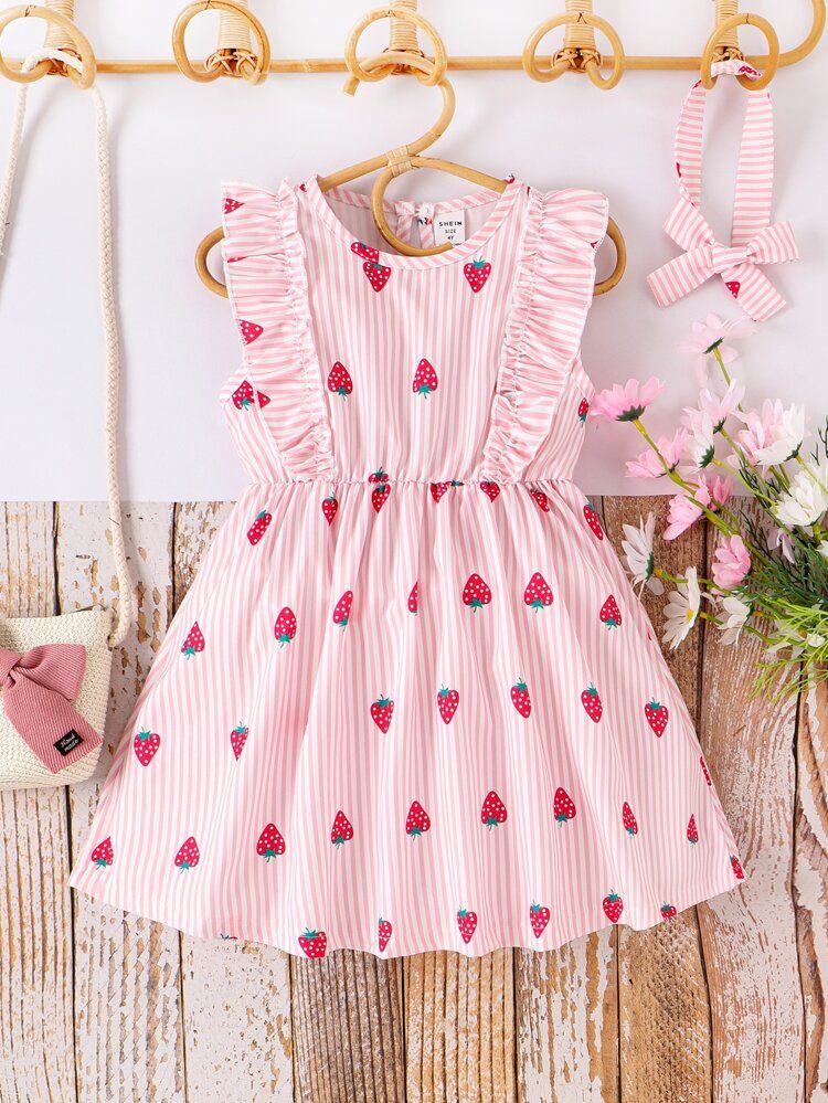 Toddler Girls Striped & Strawberry Print Ruffle Trim Dress With Accessory Headband | SHEIN