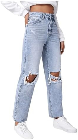 SweatyRocks Women's High Waist Ripped Distressed Cropped Jeans Straight Leg Denim Pants | Amazon (US)