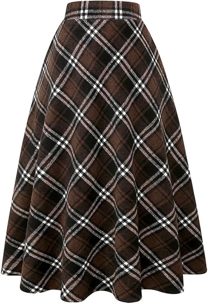 IDEALSANXUN Womens Plaid Wool Skirts Elastic Waist A-Line Pleated Tartan Long Skirts | Amazon (US)