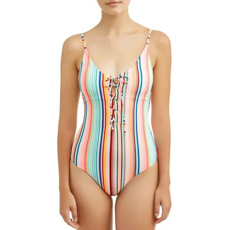 No Boundaries - Juniors' Sorbet Stripe Lace Up One Piece Swimsuit - Walmart.com | Walmart (US)