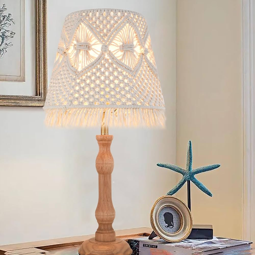 Boho Wood Table Lamp 23IN Cute Desk Lamp with White-Ivory Hollow Woven Lampshade - Modern Bedside... | Amazon (US)