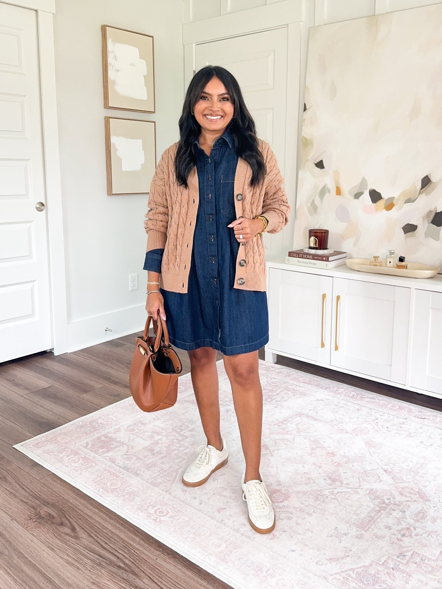 Camel cable knit cardigan size xs petite TTS
Denim dress size xs petite TTS
Sneakers size 6 TTS - color ecru mesh 


#LTKStyleTip #LTKSaleAlert #LTKPetite