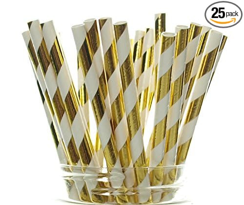 Gold Shiny Foil Straws (25 Pack) - Striped Christmas Straws, Tinsel Paper Straws for 50th Golden ... | Amazon (US)