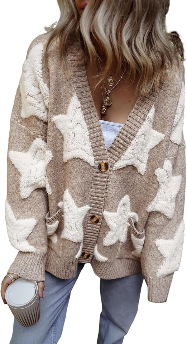 Urchics Women 2024 Casual Pullover Tops Khaki Sherpa Star Pattern Textured Sweater Cardigan with ... | Amazon (US)