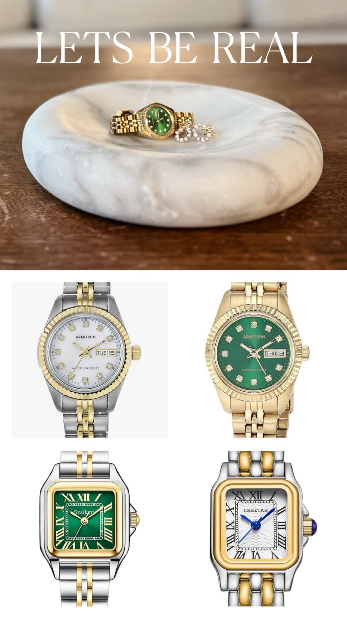 Let’s be real: Not everyone has $20K to drop on a watch. (And honestly, who wants to spend that much on *anything*?) Rather I have the look without the price tag? These look-alike luxury watches give you all the high-end vibes without the heart attack at checkout.  

So, here’s to looking fabulous, knowing exactly what time it is, and not crying about it later. You’re welcome.  

Link to shop below, because time is money... but it doesn’t have to cost a fortune.


#AffordableLuxury #WatchOutForThePrice #TimeWellSpent #BudgetChic #LuxuryLookForLess #EffortlessStyle #OliveAndFord
