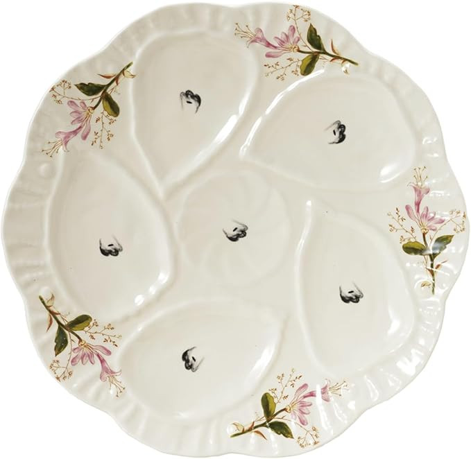 Creative Co-Op Scalloped Stoneware Oyster Plate with Floral Design, Cream | Amazon (US)