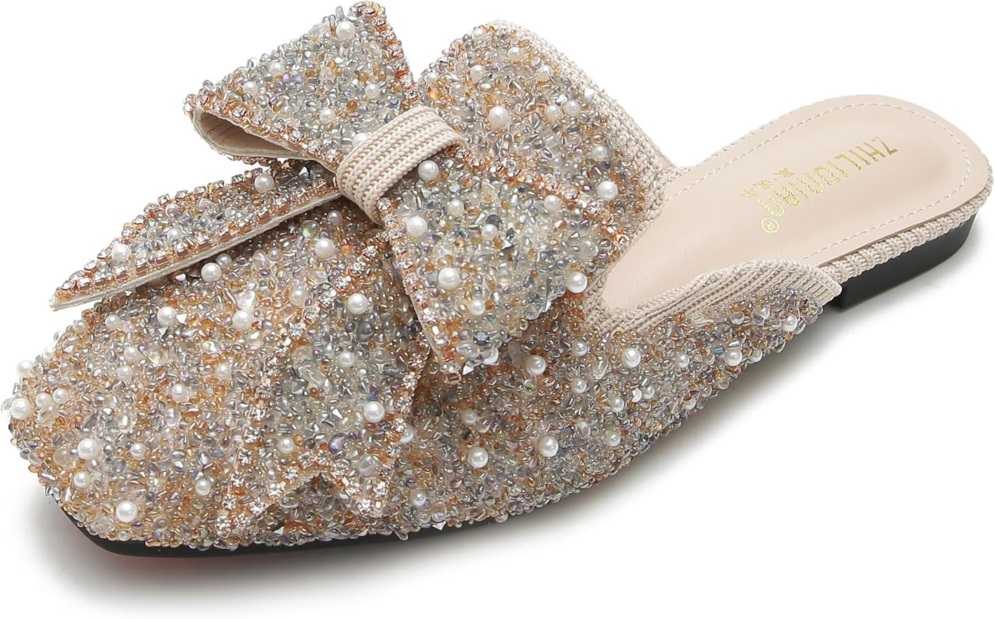 SANIOOOI Women's Pearl Rhinestone Bow Mules,Glitter Square Toe Slip on Flat Ladies Sparkly Baotou... | Amazon (US)