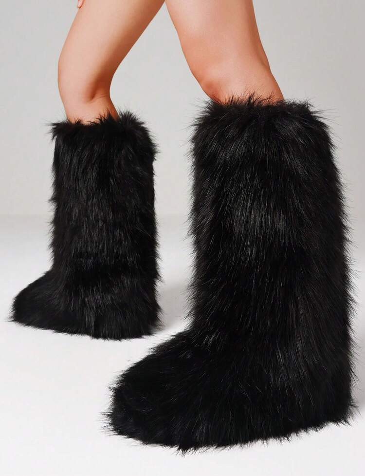 Winter Knee High Boots For Women Pull-On Faux Fur Boots Furry Fluffy Round Toe Fashion Boots Suede Comfy Plush Warm Knee High Boots Outdoor Indoor Flat Shoes Party Dressy Women Winter Boots | SHEIN