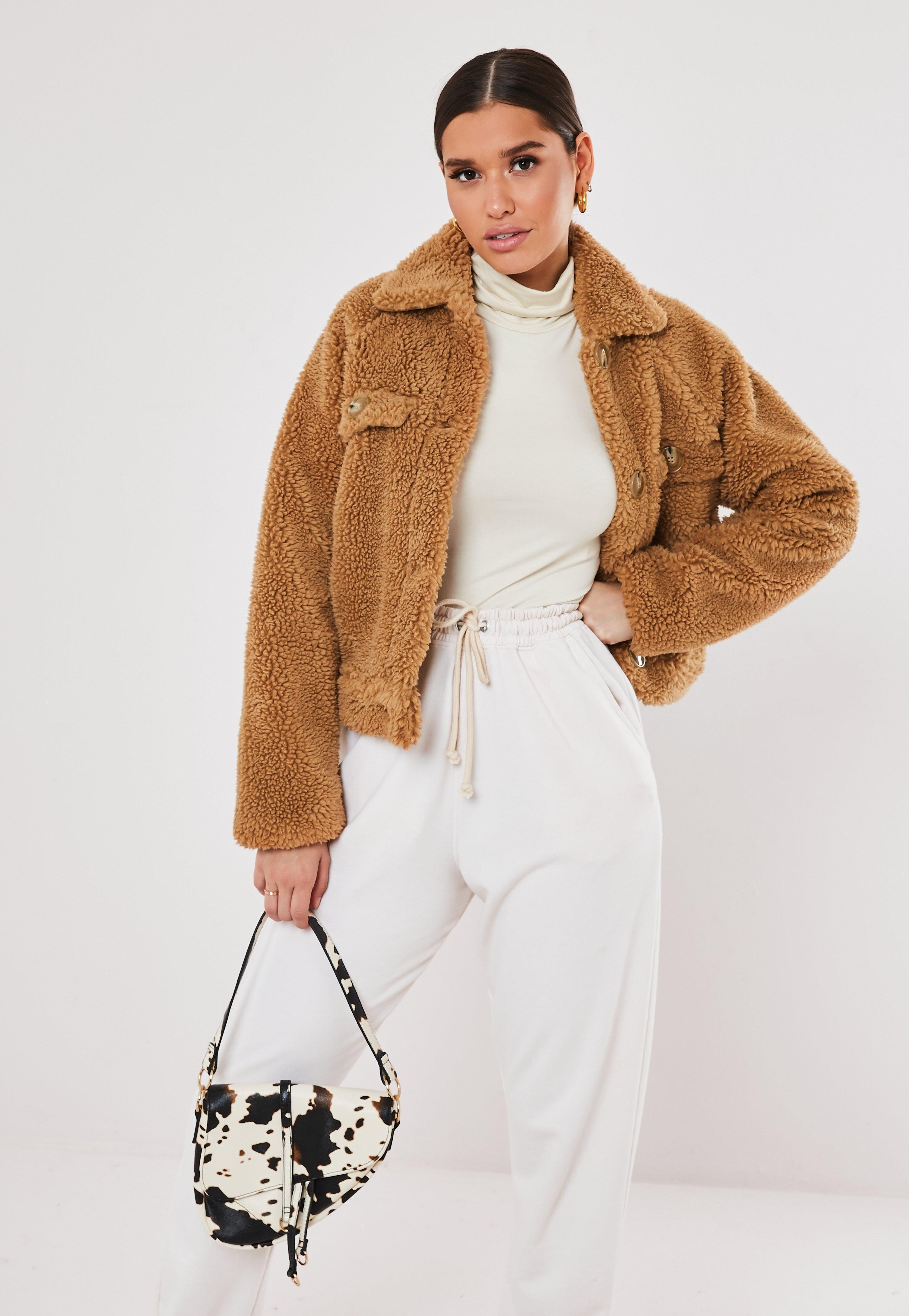 Tan Cropped Borg Teddy Trucker Jacket | Missguided (US & CA)