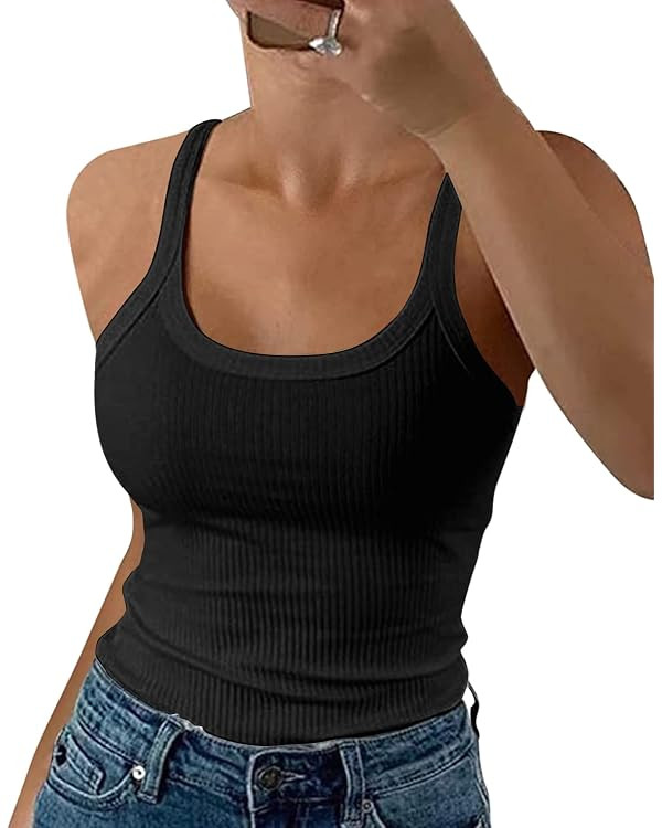 GEMBERA Women Spaghetti Strap Scoop Neck Ribbed Tank Tops Slim Fitted Cotton Camisole Basic Sleev... | Amazon (US)
