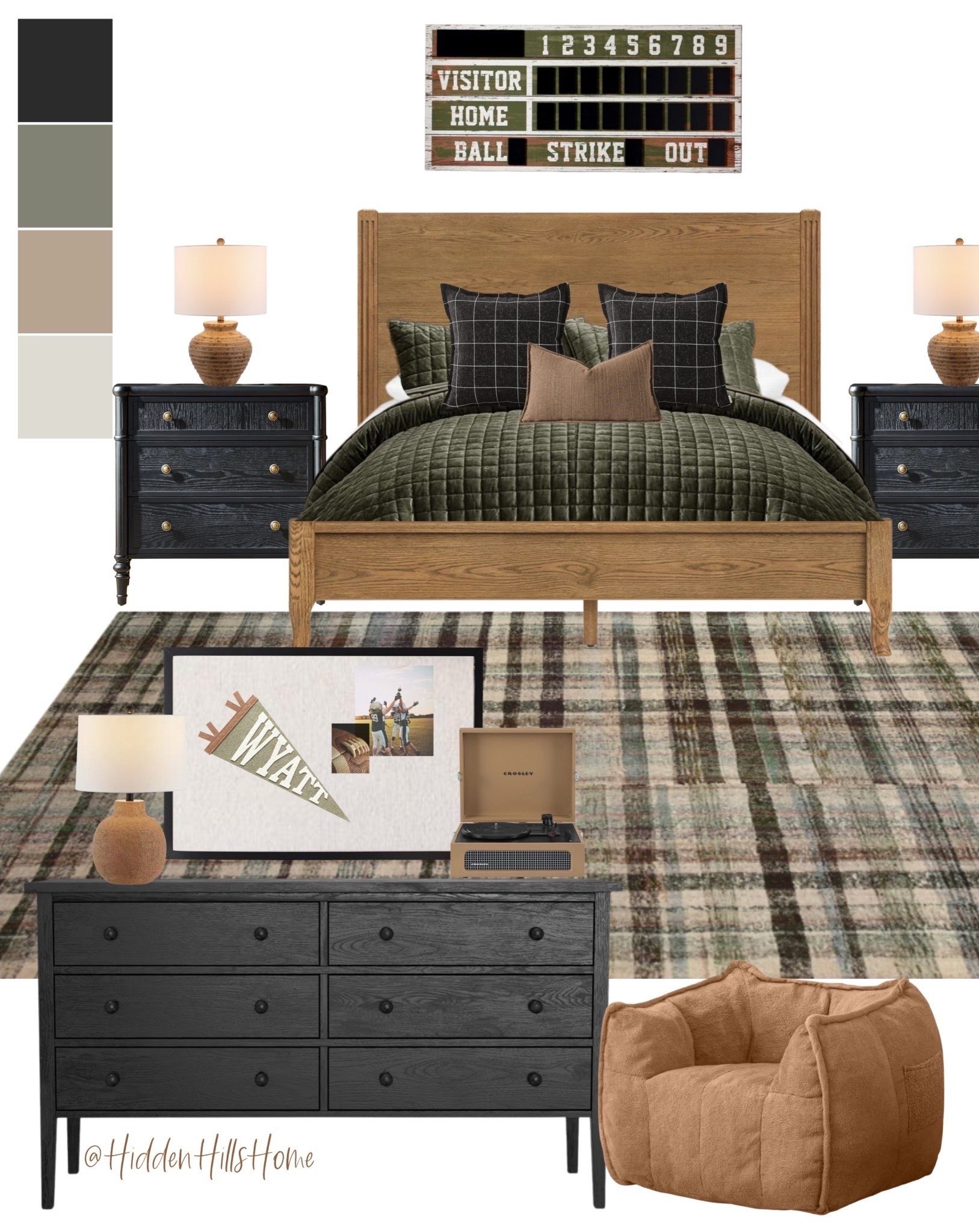 Masculine boys room decor mood board! Tween, preteen or teen boys bedroom design, home decor ideas, masculine room decor, bedroom rug, nightstands, dessser, sports themed bedroom ideas #boys

#LTKHome #LTKKids #LTKSaleAlert