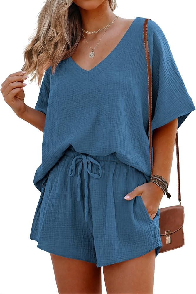 Ekouaer Women's Tshirt Pajama Set Smocked Comfy Casual Beach Cover Up Shorts Set S-XXL | Amazon (US)