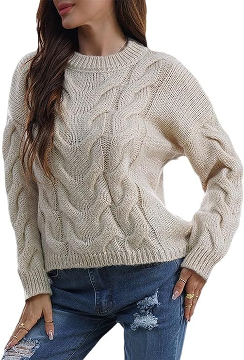 Miessial Women's Casual Cable Knit Pullover Sweater Crew Neck Long Sleeve Sweater Jumper Tops | Amazon (US)