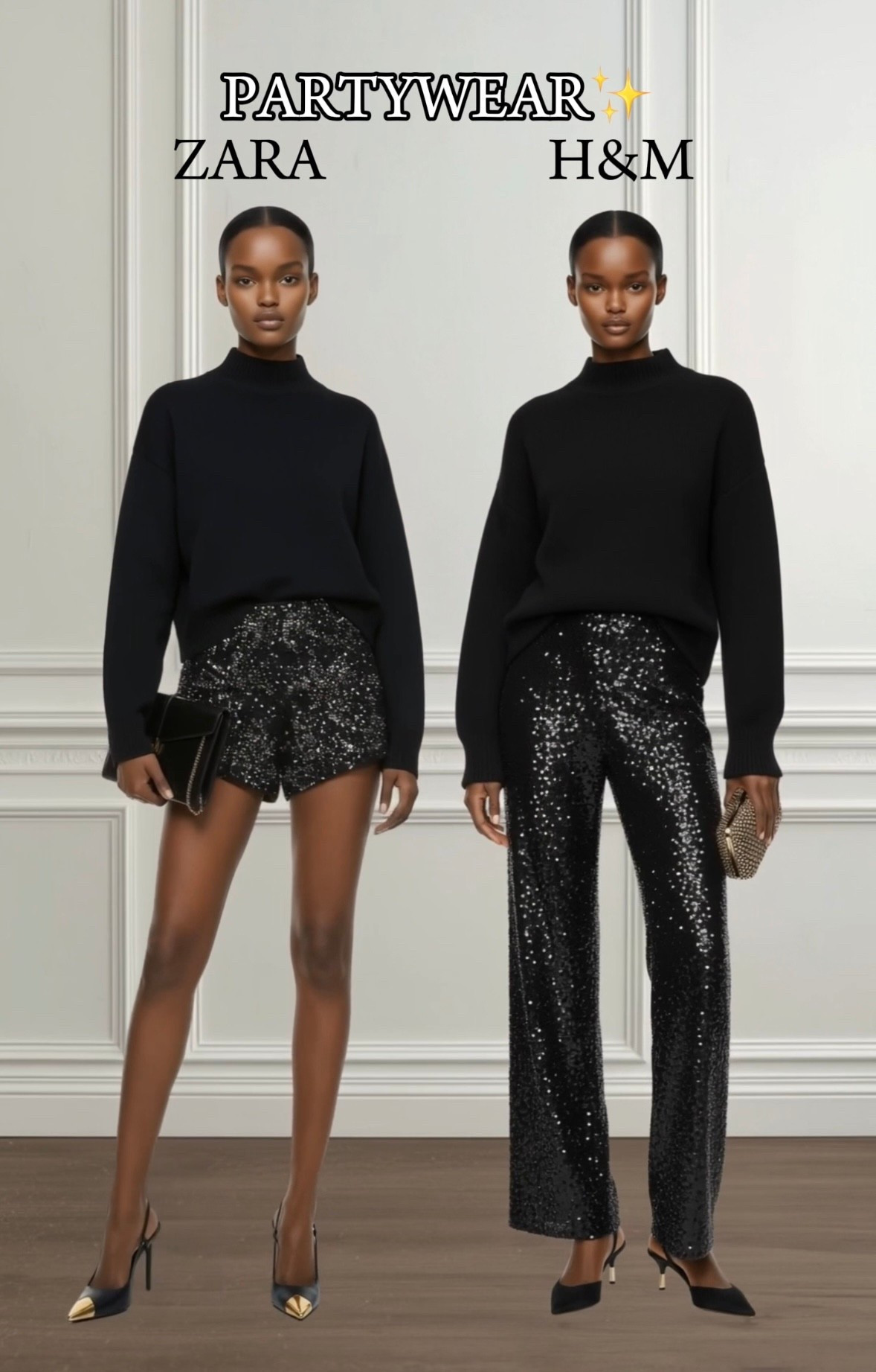 Zara vs H&amp;M Partywear✨

Tags: New Year’s party outfit, work Christmas party outfit, Christmas Day outfit, Christmas market outfits, black jumper outfit, black sequin shorts, black sequin trousers, black clutch bag, gold clutch bag, black heels

#LTKpartywear #LTKworkwear #LTKfestive