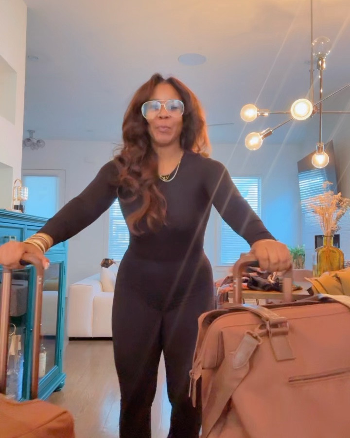 Lady outfits are taking a road trip! London here we come! Wearing a 2 piece set from @Nakedwardrobe, bomber jacket from @helsa via @revolve and custom @adidas sneakers via my last trip to Paris! Wearing a medium in everything! Def go buy the jacket! Oh and the luggage is 👩🏽‍🍳💋😉 @beis Swipe to see me surprise my sister and friend at the airport! 

#LTKTravel #LTKOver40 #LTKootd