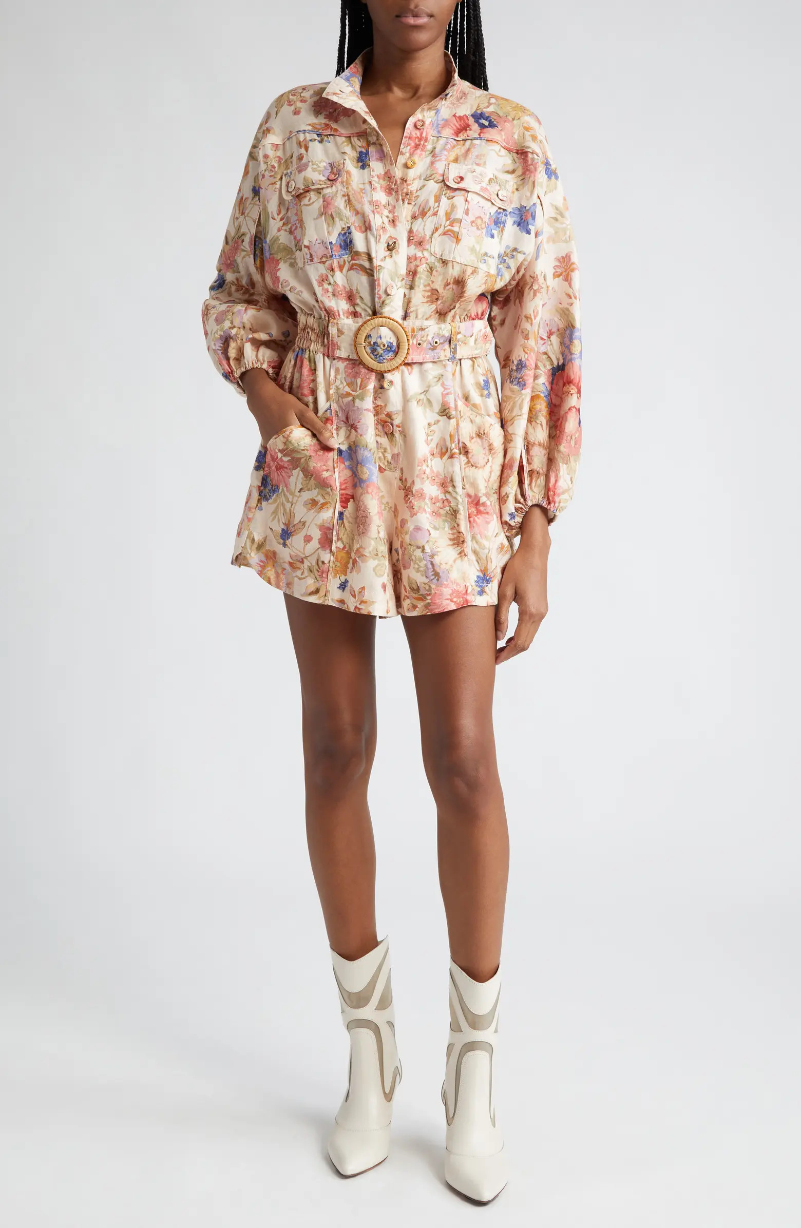 August Floral Print Belted Long Sleeve Linen Romper | Nordstrom