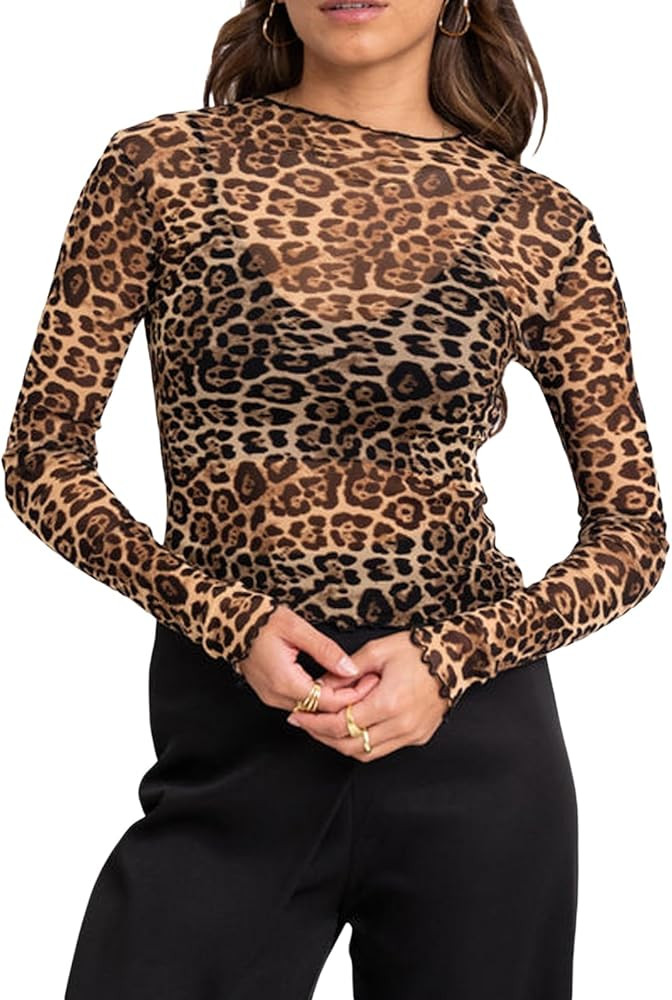Women Leopard Sheer Mesh Top Long Sleeve Cheetah Lace Top Slim Fitted Sexy See Through Layering T... | Amazon (US)
