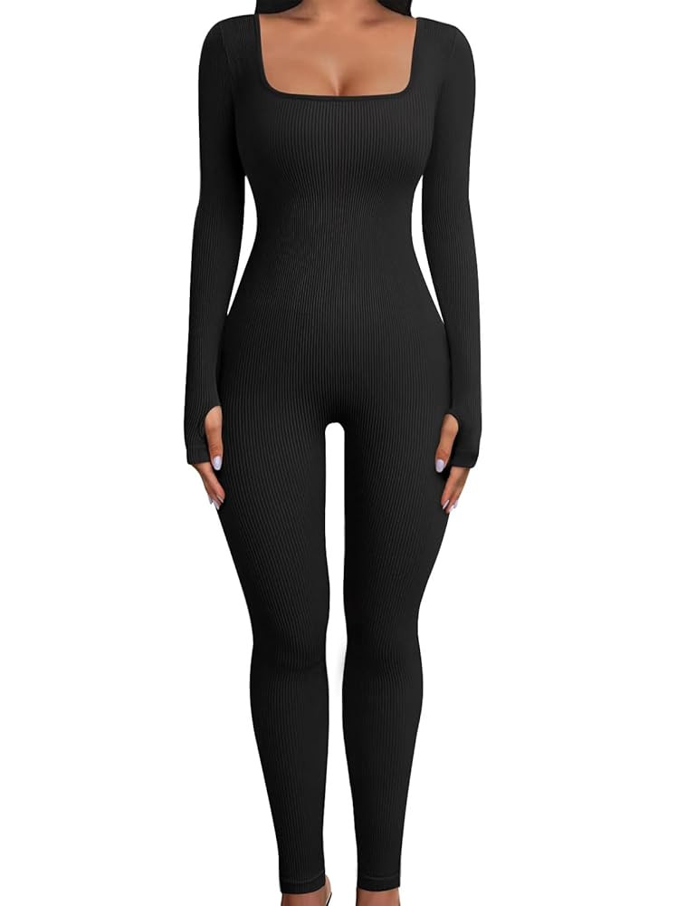 Voqeen Jumpsuit for Women Long Sleeve Jumpsuits Yoga Ribbed Romper Sexy One Piece Bodycon Workout... | Amazon (CA)
