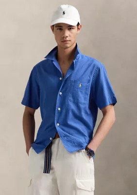 Polo Ralph Lauren Men's Classic Fit Linen Cotton Camp Shirt, Blue, Large | Belk