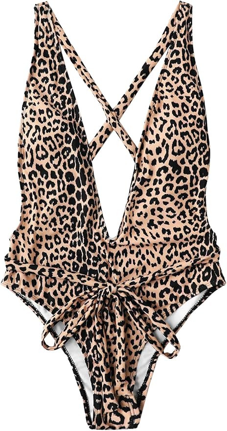 SweatyRocks Women's Sexy Bathing Suits Criss Cross Tie Knot Front Deep V Open Back Leopard One Pi... | Amazon (US)