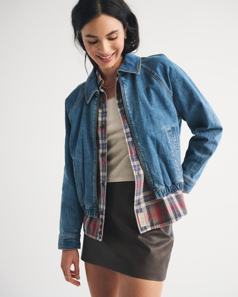 Linen-Blend Denim Bomber Jacket | Abercrombie & Fitch (US)
