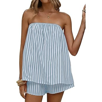 Women 2 Piece Matching Sets Striped Tube Tops Shorts Set Summer Vacation Outfits Y2K Going Out To... | Amazon (US)